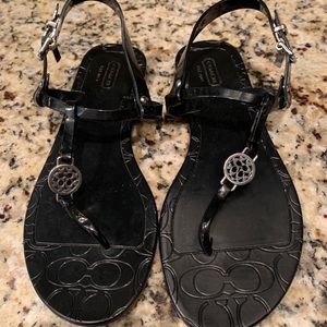 Coach Black Patent T-Strap Jelly Sandals with Logo Medallion